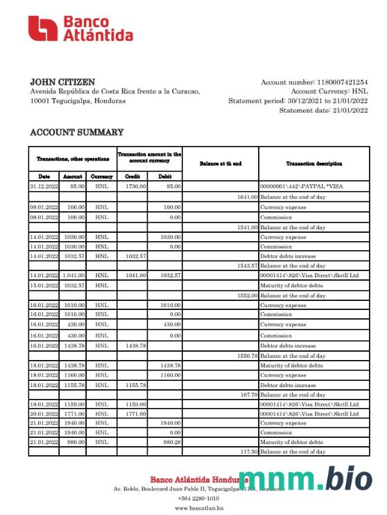 Szablon wyciągu bankowego Honduras Banco Atlantida, format Word i PDF